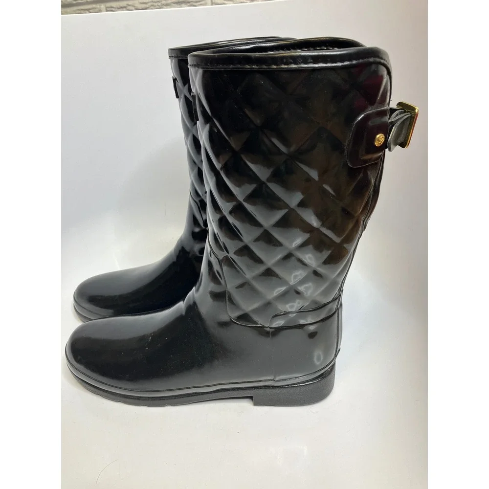 Hunter refined high gloss quilted mid calf rain‎ boots black women's size 11